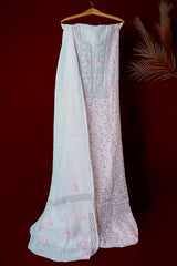 Off White Unstitched Lucknowi Chikankari 2-Piece Kurta Dupatta Set | Mal Chanderi | Ghaas Patti, Shadow & Fanda Embroidery | Bail & Buti Sleeves