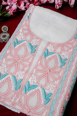 Off White Unstitched Lucknowi Chikankari 2-Piece Kurta Dupatta Set | Mal Chanderi | Ghaas Patti, Shadow, Fanda & Handmade Jaali | Bail & Buti Sleeves