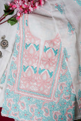 Off White Unstitched Lucknowi Chikankari 2-Piece Kurta Dupatta Set | Mal Chanderi | Ghaas Patti, Shadow, Fanda & Handmade Jaali | Bail & Buti Sleeves