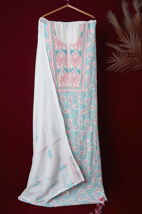 Off White Unstitched Lucknowi Chikankari 2-Piece Kurta Dupatta Set | Mal Chanderi | Ghaas Patti, Shadow, Fanda & Handmade Jaali | Bail & Buti Sleeves
