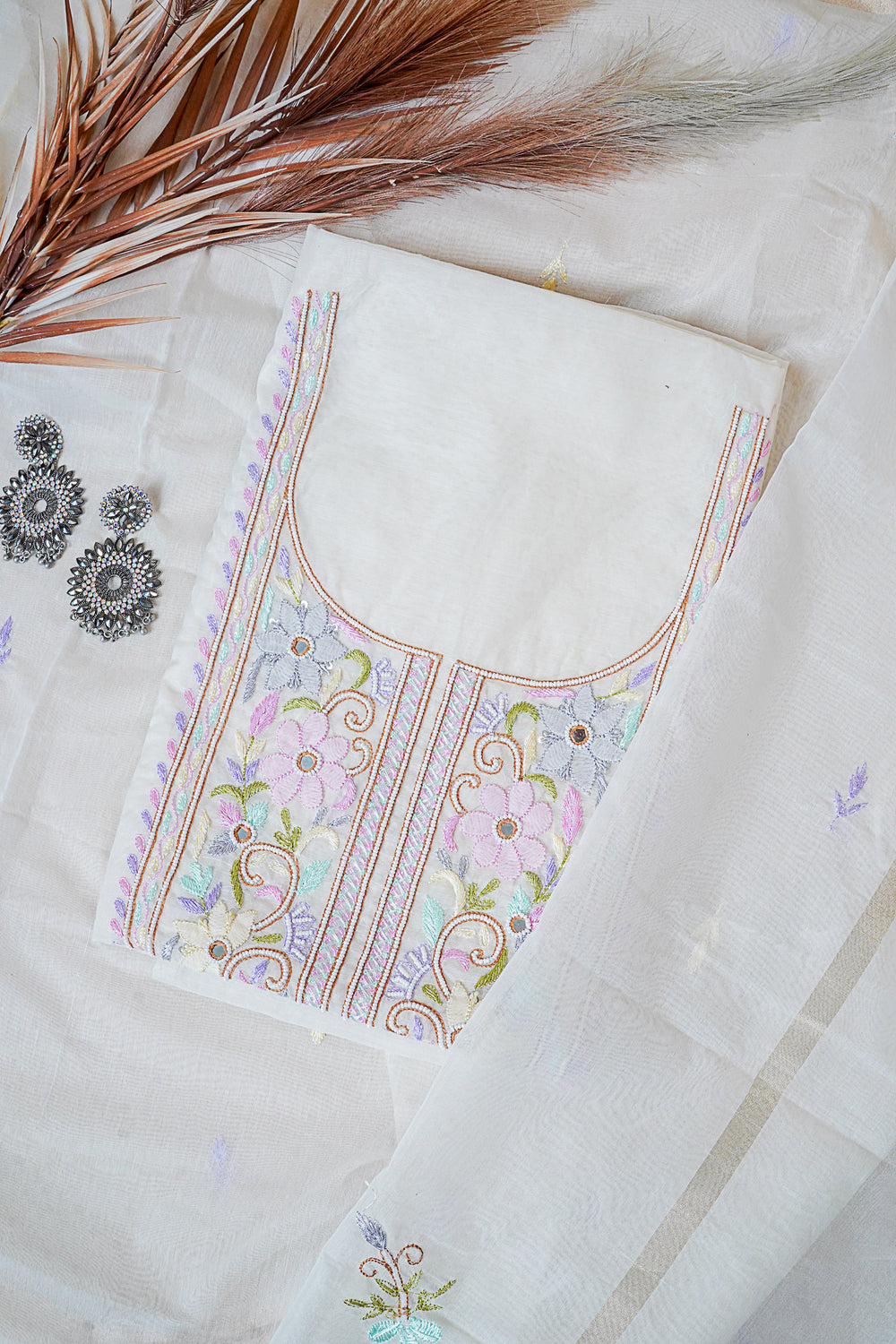 Off White Unstitched Lucknowi Chikankari 2-Piece Kurta Dupatta Set | Mal Chanderi | Shadow, Ghaas Patti & Parsi Work | Bail & Buti Sleeves