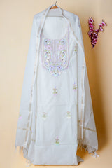Off White Unstitched Lucknowi Chikankari 2-Piece Kurta Dupatta Set | Mal Chanderi | Shadow, Ghaas Patti & Parsi Work | Bail & Buti Sleeves