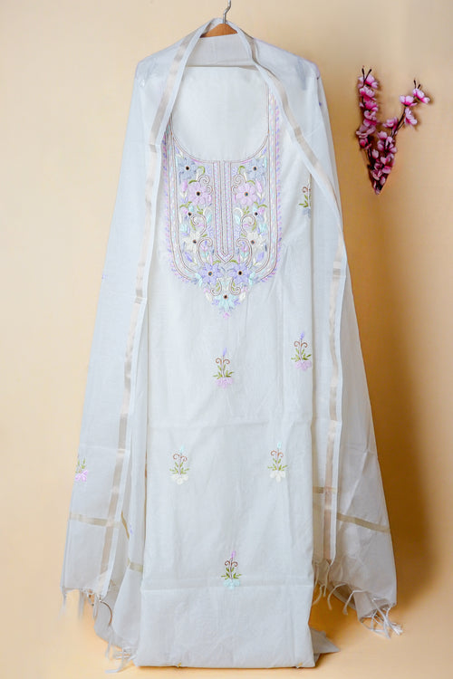 Off White Unstitched Lucknowi Chikankari 2-Piece Kurta Dupatta Set | Mal Chanderi | Shadow, Ghaas Patti & Parsi Work | Bail & Buti Sleeves