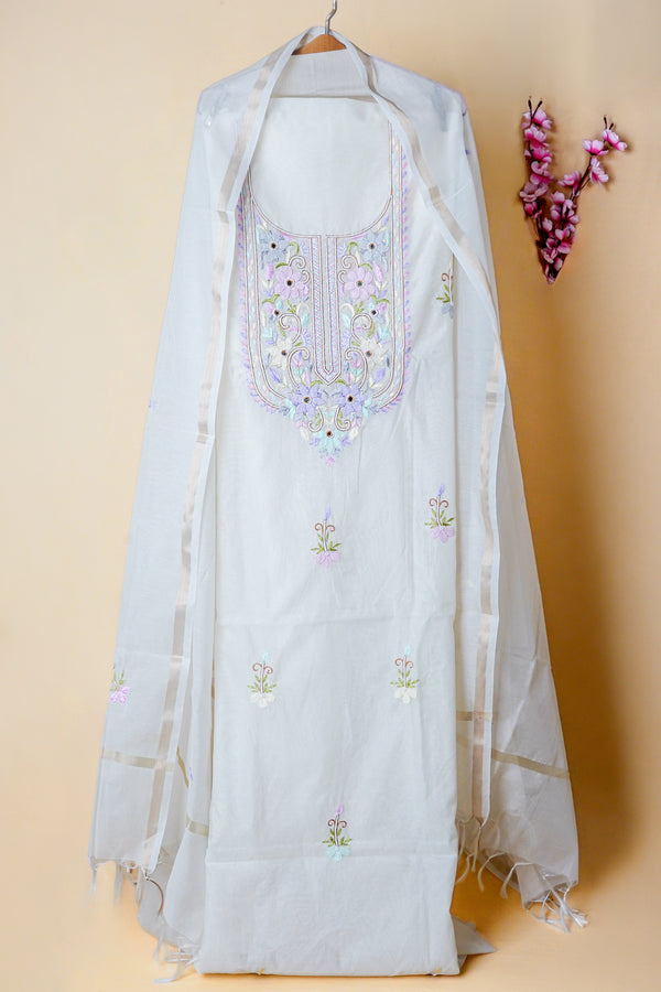 Off White Unstitched Lucknowi Chikankari 2-Piece Kurta Dupatta Set | Mal Chanderi | Shadow, Ghaas Patti & Parsi Work | Bail & Buti Sleeves