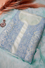 Powder Blue Unstitched Lucknowi Chikankari 3-Piece Kurta Set | Tusshar Silk & Batson | Shadow Embroidery | Bail & Buti Sleeves