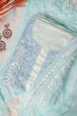 Powder Blue Unstitched Lucknowi Chikankari 3-Piece Kurta Set | Tusshar Silk & Batson | Shadow Embroidery | Bail & Buti Sleeves