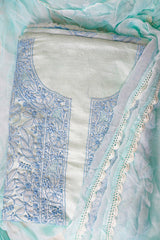 Powder Blue Unstitched Lucknowi Chikankari 3-Piece Kurta Set | Tusshar Silk & Batson | Shadow Embroidery | Bail & Buti Sleeves