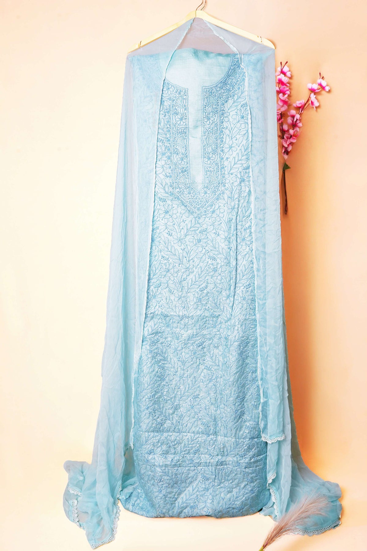 Powder Blue Unstitched Lucknowi Chikankari 3-Piece Kurta Set | Tusshar Silk & Batson | Shadow Embroidery | Bail & Buti Sleeves