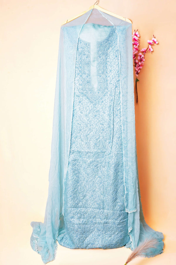 Powder Blue Unstitched Lucknowi Chikankari 3-Piece Kurta Set | Tusshar Silk & Batson | Shadow Embroidery | Bail & Buti Sleeves