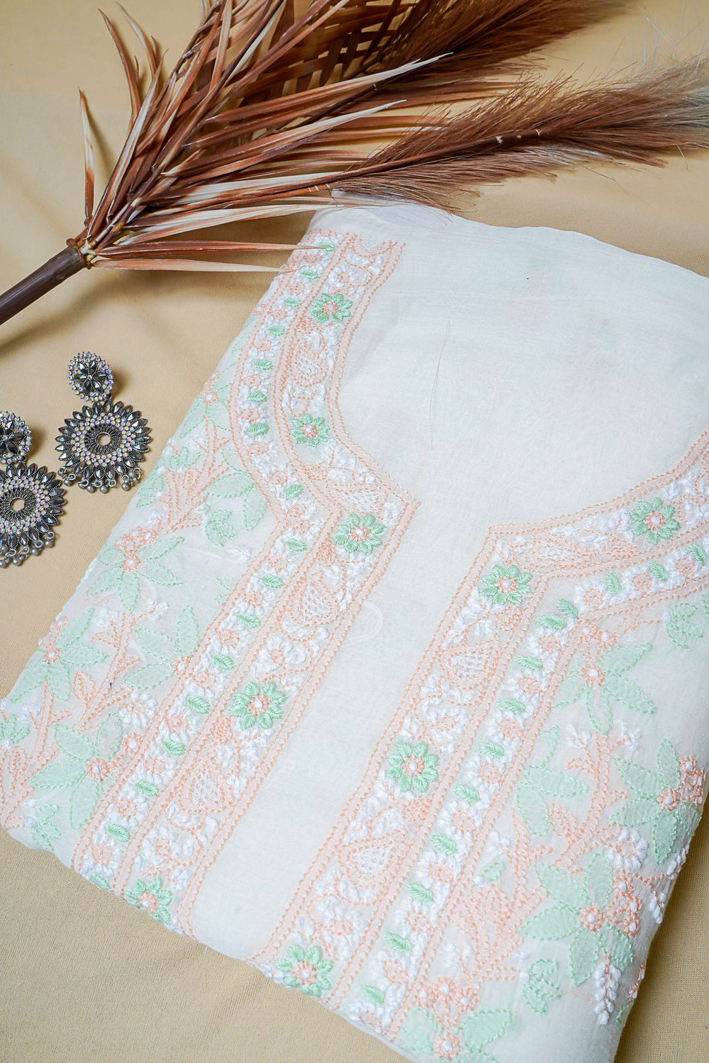 Off White Unstitched Lucknowi Chikankari 2-Piece Kurta Dupatta Set | Mal Chanderi | Shadow & Fanda Embroidery | Bail & Buti Sleeves