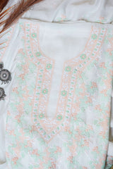 Off White Unstitched Lucknowi Chikankari 2-Piece Kurta Dupatta Set | Mal Chanderi | Shadow & Fanda Embroidery | Bail & Buti Sleeves