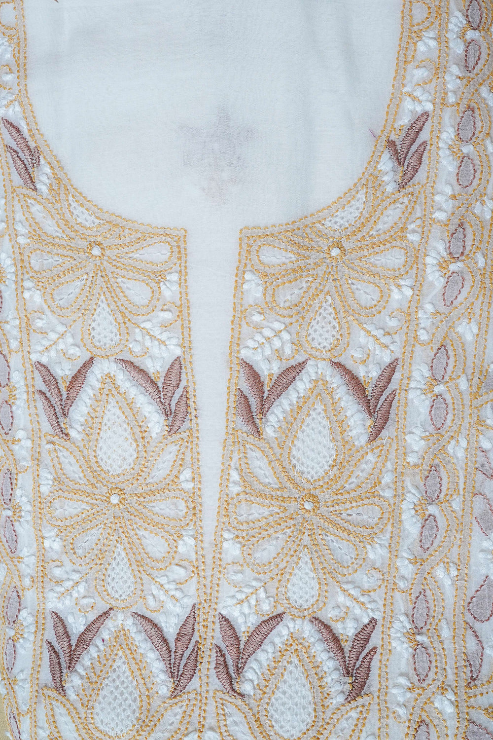 ..Off White Unstitched Lucknowi Chikankari 2-Piece Kurta Dupatta Set | Mal Chanderi | Shadow, Ghaas Patti & Handmade Jaali | Bail & Buti Sleeves