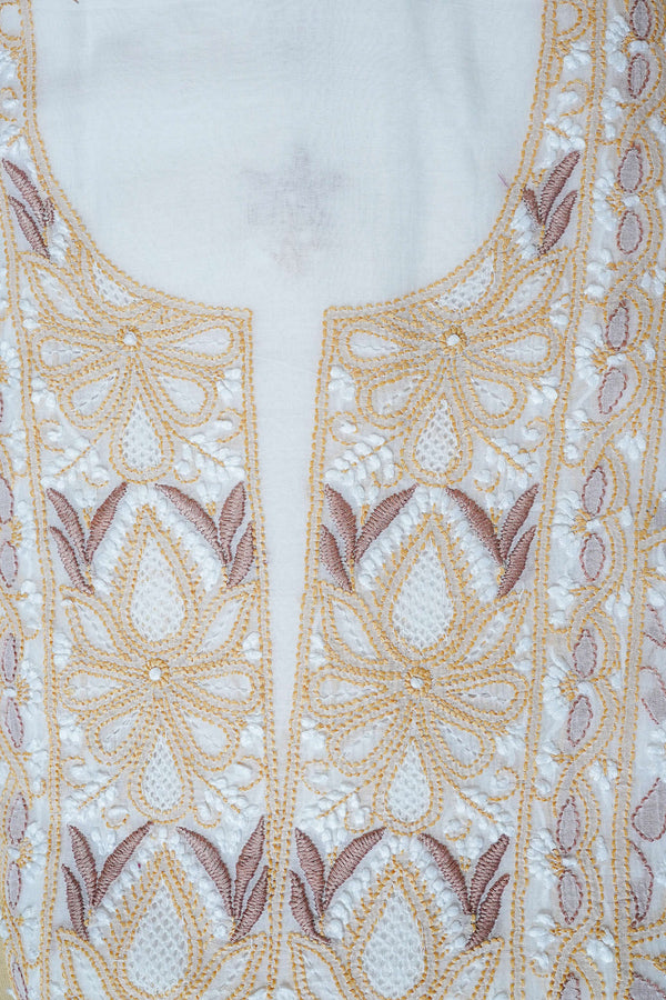..Off White Unstitched Lucknowi Chikankari 2-Piece Kurta Dupatta Set | Mal Chanderi | Shadow, Ghaas Patti & Handmade Jaali | Bail & Buti Sleeves