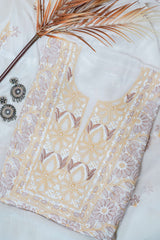 ..Off White Unstitched Lucknowi Chikankari 2-Piece Kurta Dupatta Set | Mal Chanderi | Shadow, Ghaas Patti & Handmade Jaali | Bail & Buti Sleeves