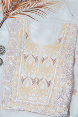 ..Off White Unstitched Lucknowi Chikankari 2-Piece Kurta Dupatta Set | Mal Chanderi | Shadow, Ghaas Patti & Handmade Jaali | Bail & Buti Sleeves