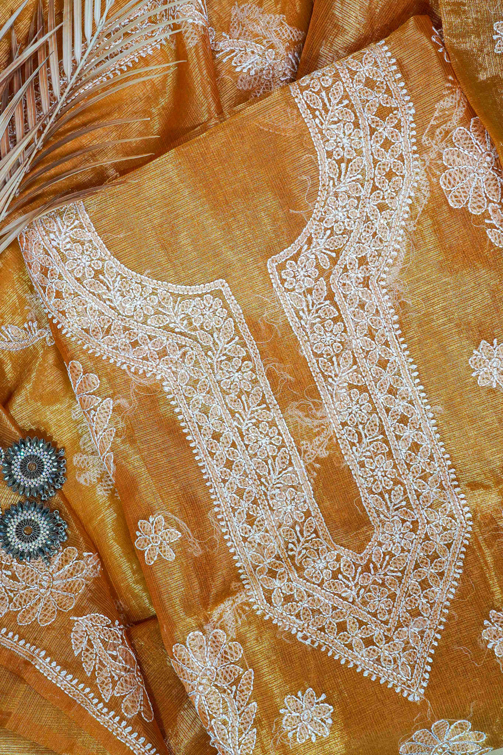 Golden Orange Unstitched Lucknowi Chikankari 2-Piece Kurta Dupatta Set