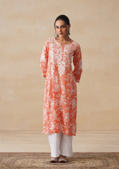 Meher Kesari Mulmul Chikankari Straight Kurta