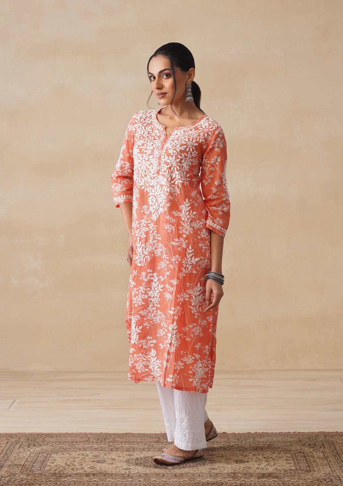 Meher Kesari Mulmul Chikankari Straight Kurta