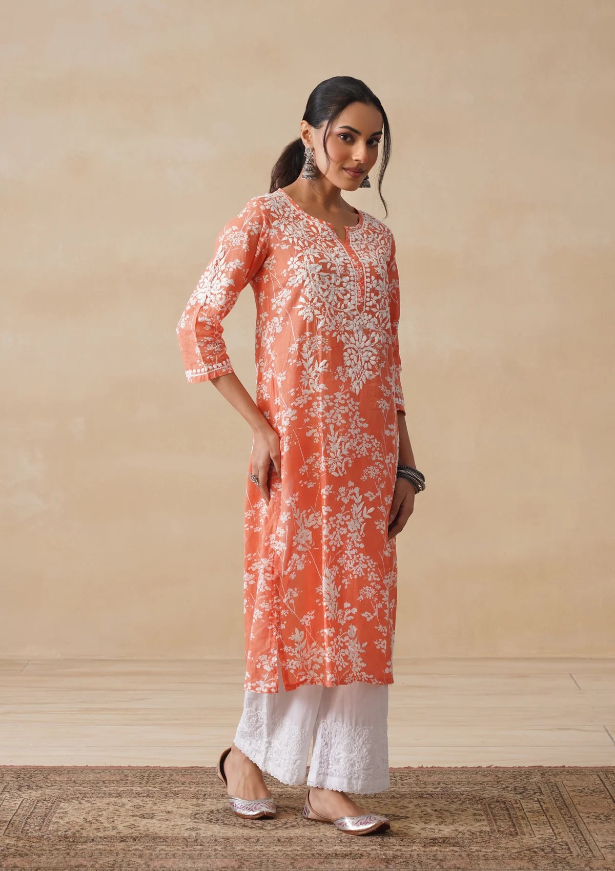Meher Kesari Mulmul Chikankari Straight Kurta
