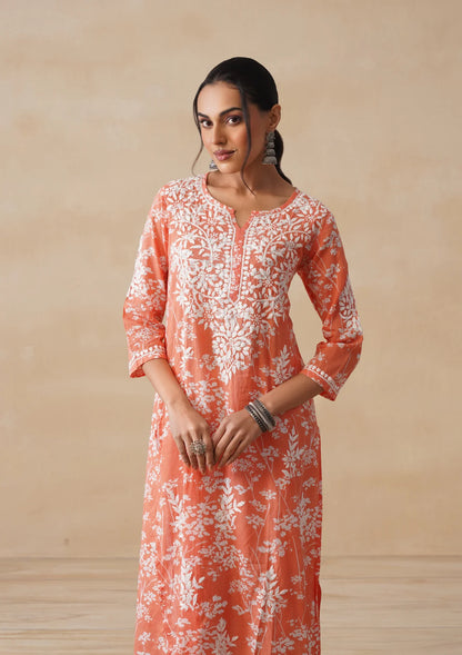 Meher Kesari Mulmul Chikankari Straight Kurta