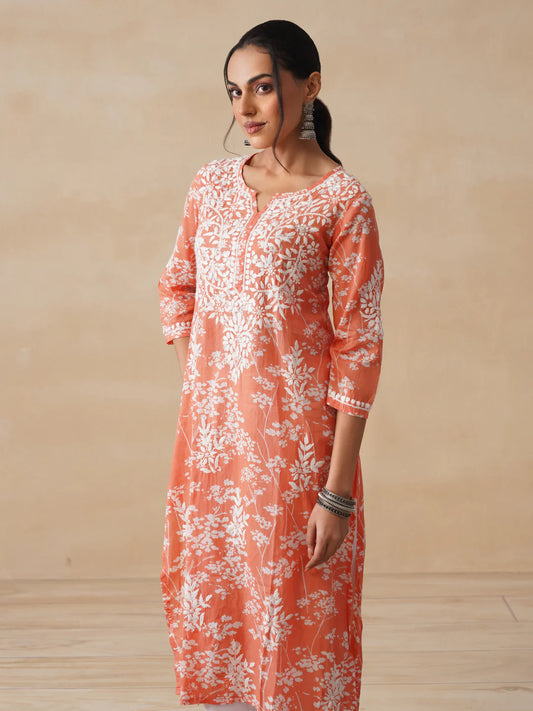 Meher Kesari Mulmul Chikankari Straight Kurta