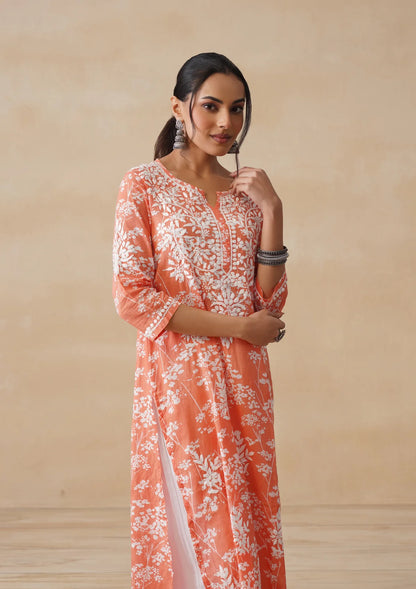 Meher Kesari Mulmul Chikankari Straight Kurta