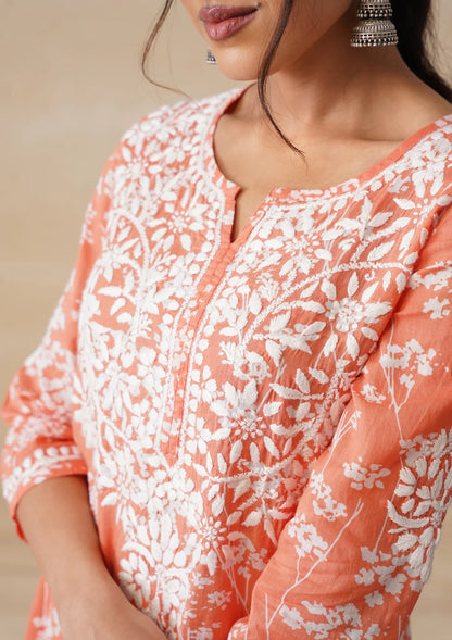 Meher Kesari Mulmul Chikankari Straight Kurta
