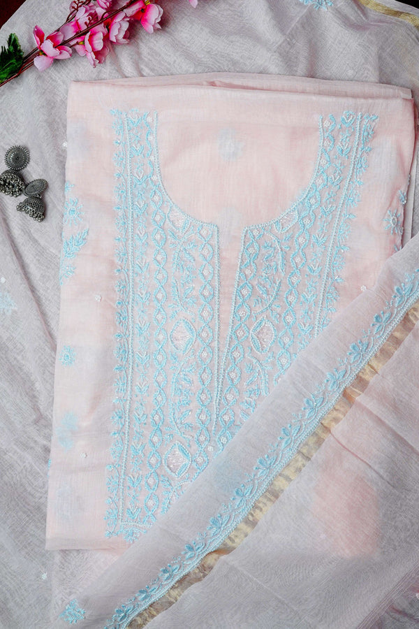 Baby Pink Unstitched Lucknowi Chikankari 2-Piece Kurta Dupatta Set
