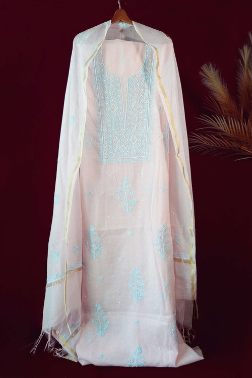 Baby Pink Unstitched Lucknowi Chikankari 2-Piece Kurta Dupatta Set