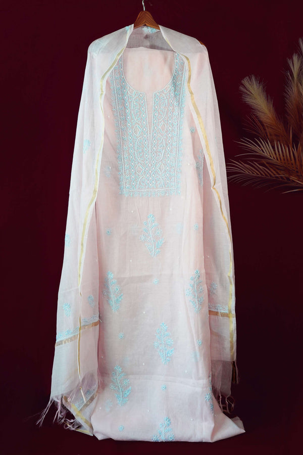 Baby Pink Unstitched Lucknowi Chikankari 2-Piece Kurta Dupatta Set