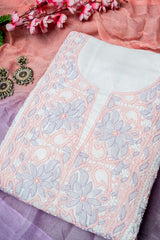 White Unstitched Lucknowi Chikankari 3-Piece Kurta Set | Mal Chanderi & Chiffon | Shadow & Fanda Embroidery | Bail & Buti Sleeves