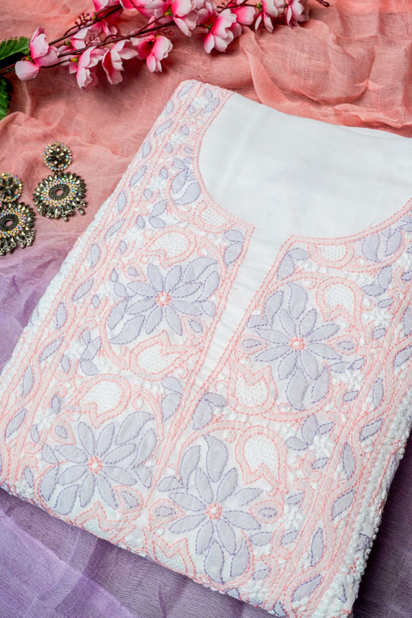 White Unstitched Lucknowi Chikankari 3-Piece Kurta Set | Mal Chanderi & Chiffon | Shadow & Fanda Embroidery | Bail & Buti Sleeves