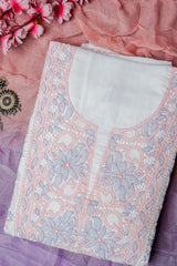 White Unstitched Lucknowi Chikankari 3-Piece Kurta Set | Mal Chanderi & Chiffon | Shadow & Fanda Embroidery | Bail & Buti Sleeves