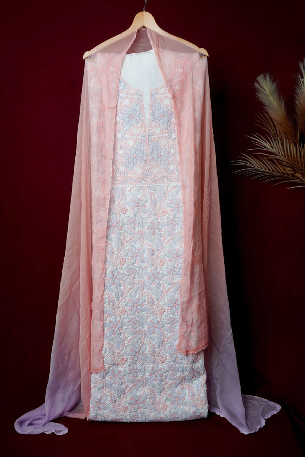 White Unstitched Lucknowi Chikankari 3-Piece Kurta Set | Mal Chanderi & Chiffon | Shadow & Fanda Embroidery | Bail & Buti Sleeves