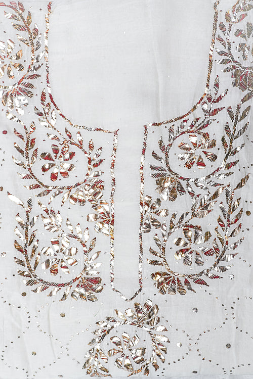 Off White Unstitched Lucknowi Chikankari 2-Piece Kurta Dupatta Set | Mal Chanderi | Kaamdaani & Mukesh Work | Bail & Buti Sleeves