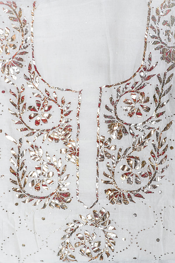 Off White Unstitched Lucknowi Chikankari 2-Piece Kurta Dupatta Set | Mal Chanderi | Kaamdaani & Mukesh Work | Bail & Buti Sleeves