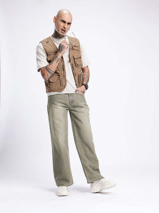 Men’s Beige Wide Leg Light Fade Jeans – 100% Cotton, Mid-Rise, 5-Pocket, Regular Length