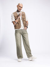Men’s Beige Wide Leg Light Fade Jeans – 100% Cotton, Mid-Rise, 5-Pocket, Regular Length