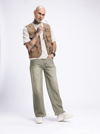 Men’s Beige Wide Leg Light Fade Jeans – 100% Cotton, Mid-Rise, 5-Pocket, Regular Length