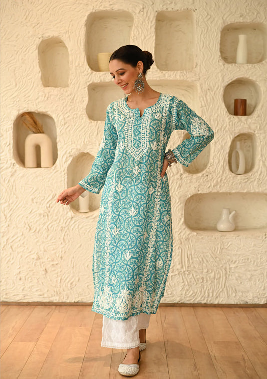 Gulnaar Soft Mulmul Chikankari Printed Kurta