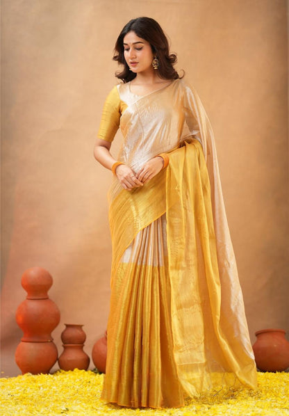 Swarna Kiran Yellow Tissue Cotton Handloom Saree