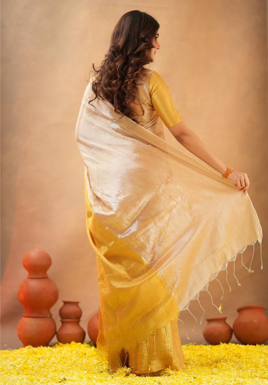 Swarna Kiran Yellow Tissue Cotton Handloom Saree