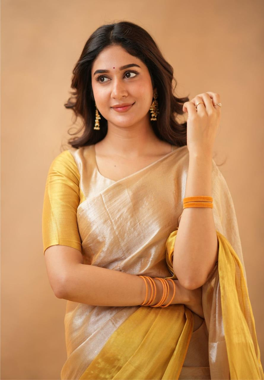 Swarna Kiran Yellow Tissue Cotton Handloom Saree