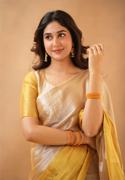 Swarna Kiran Yellow Tissue Cotton Handloom Saree
