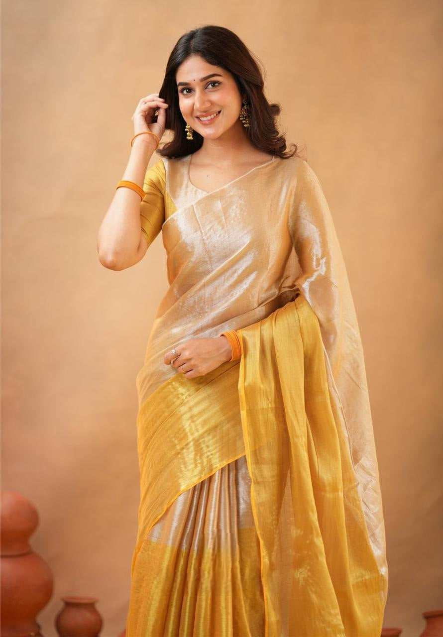 Swarna Kiran Yellow Tissue Cotton Handloom Saree