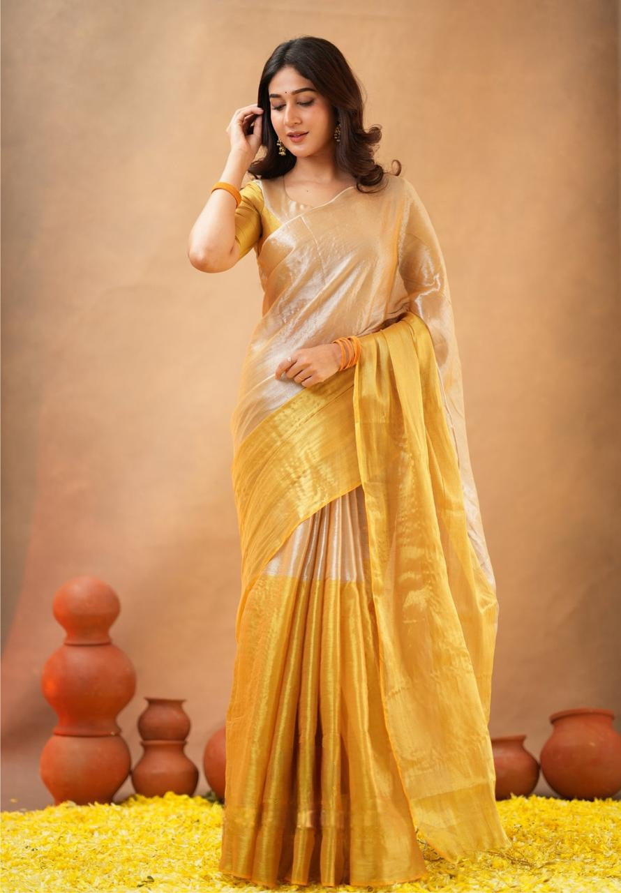 Swarna Kiran Yellow Tissue Cotton Handloom Saree