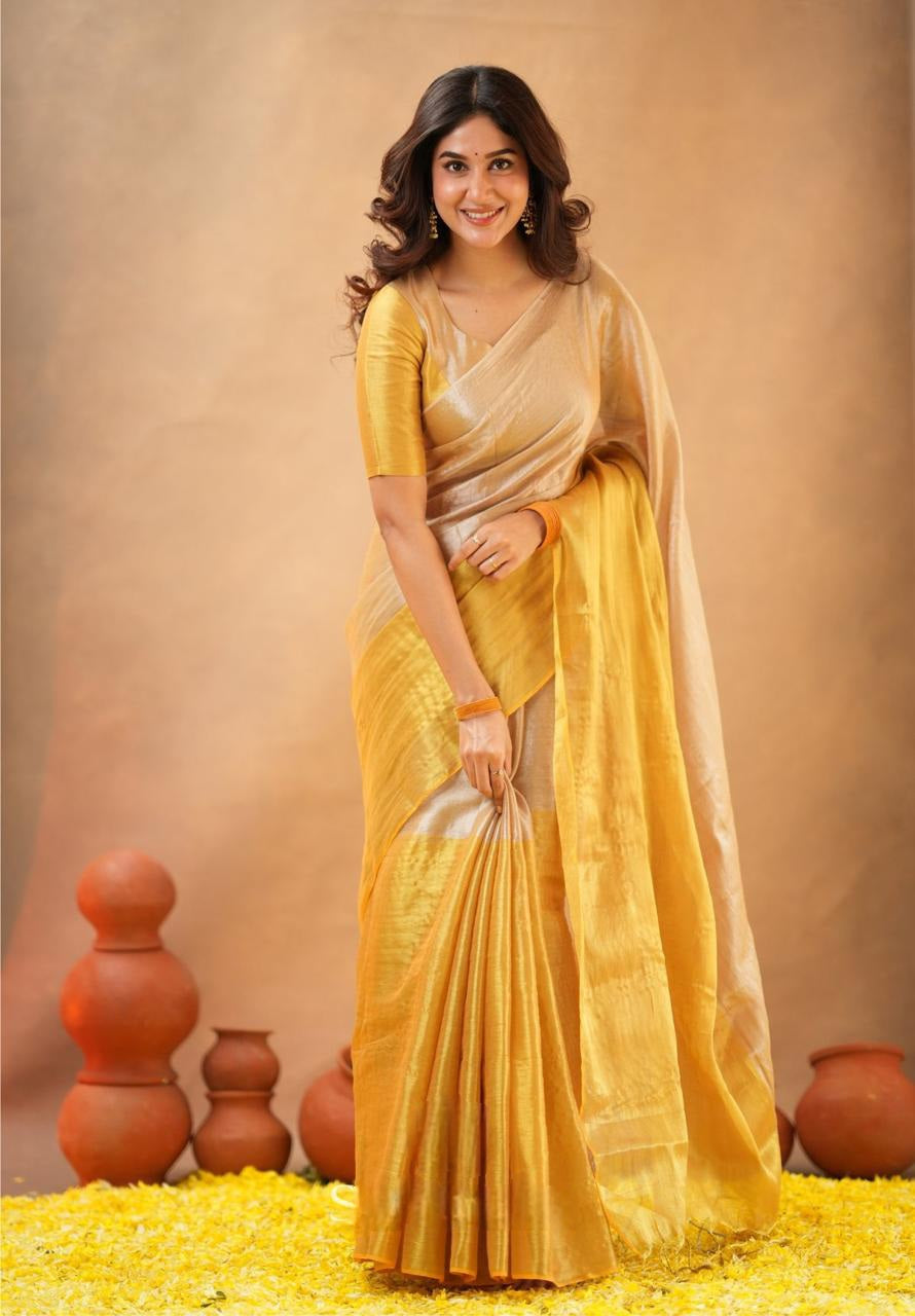 Swarna Kiran Yellow Tissue Cotton Handloom Saree