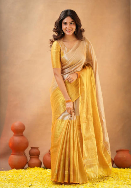Swarna Kiran Yellow Tissue Cotton Handloom Saree