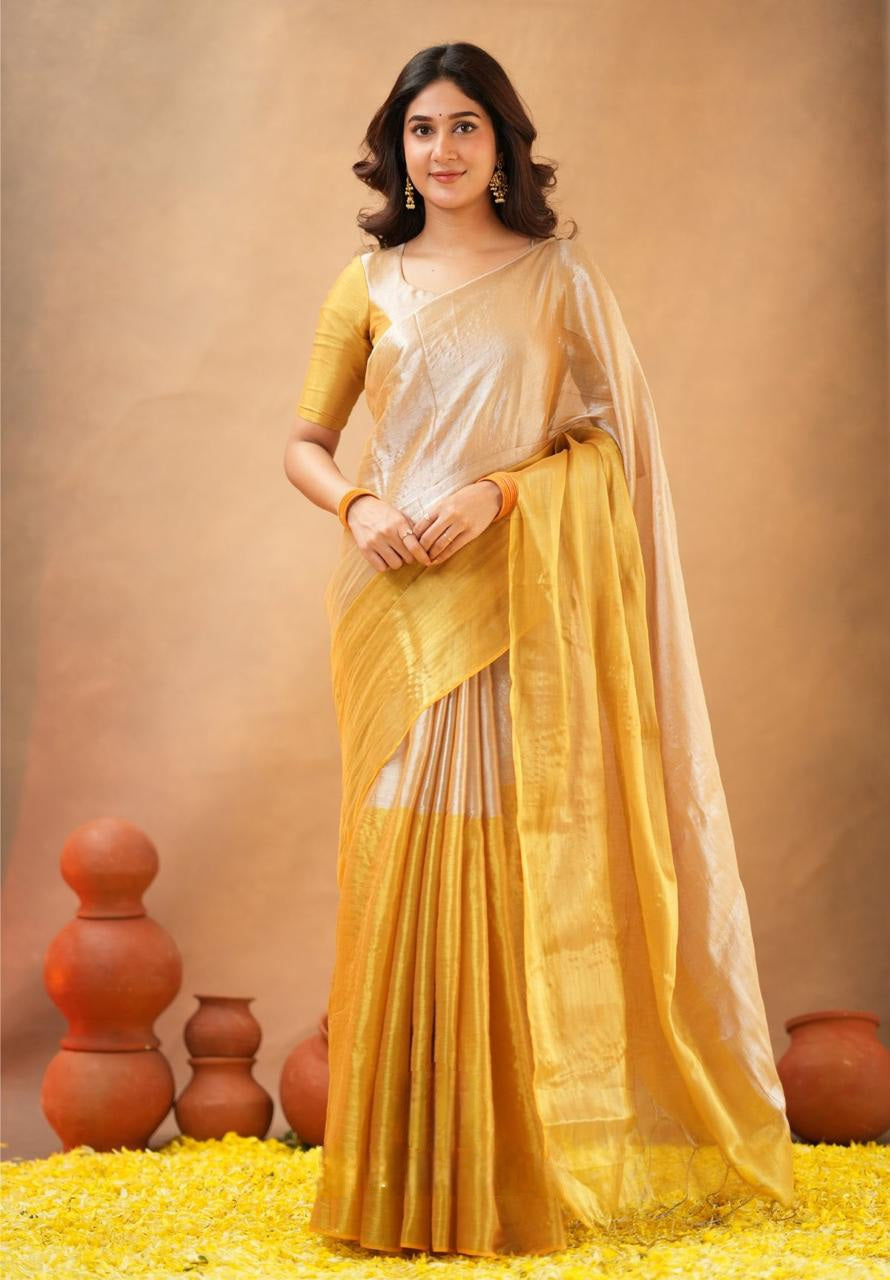 Swarna Kiran Yellow Tissue Cotton Handloom Saree