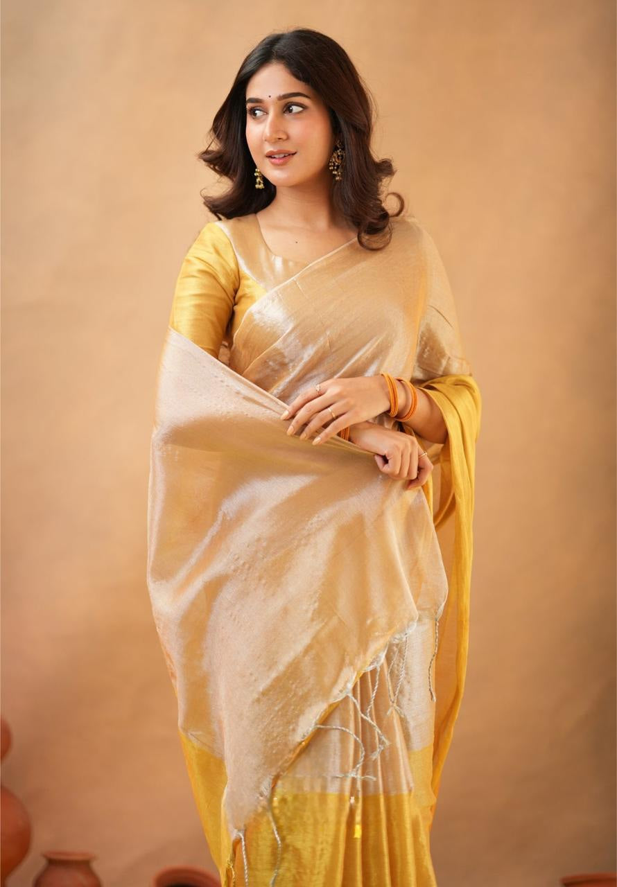 Swarna Kiran Yellow Tissue Cotton Handloom Saree